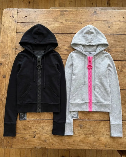 Y2K Vintage Giant Zipper Zip up Hoodie Women Harajuku Slim Fit Cropped Sweatshirts Long Sleeve Chunky Zip Outerwear Streetwear