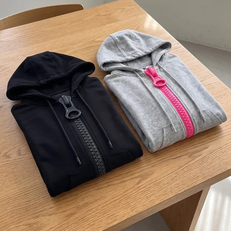 Y2K Vintage Giant Zipper Zip up Hoodie Women Harajuku Slim Fit Cropped Sweatshirts Long Sleeve Chunky Zip Outerwear Streetwear